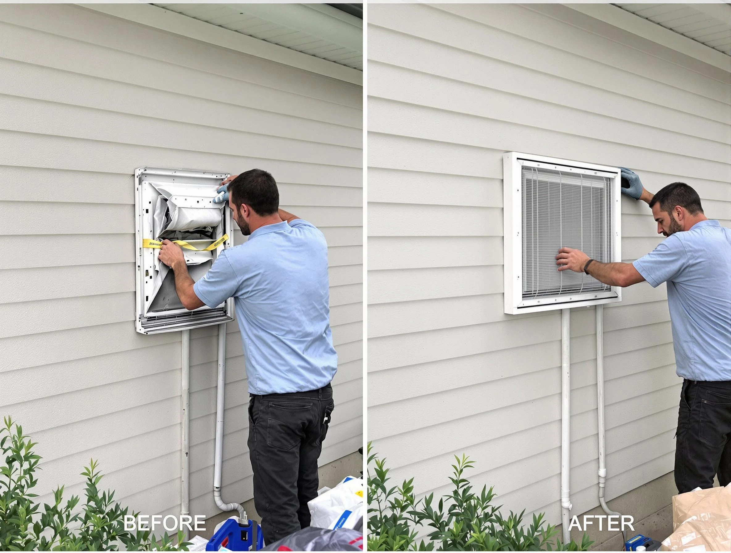 Smyrna Dryer Vent Cleaning technician installing high-quality dryer vent cover at a residential property in Smyrna